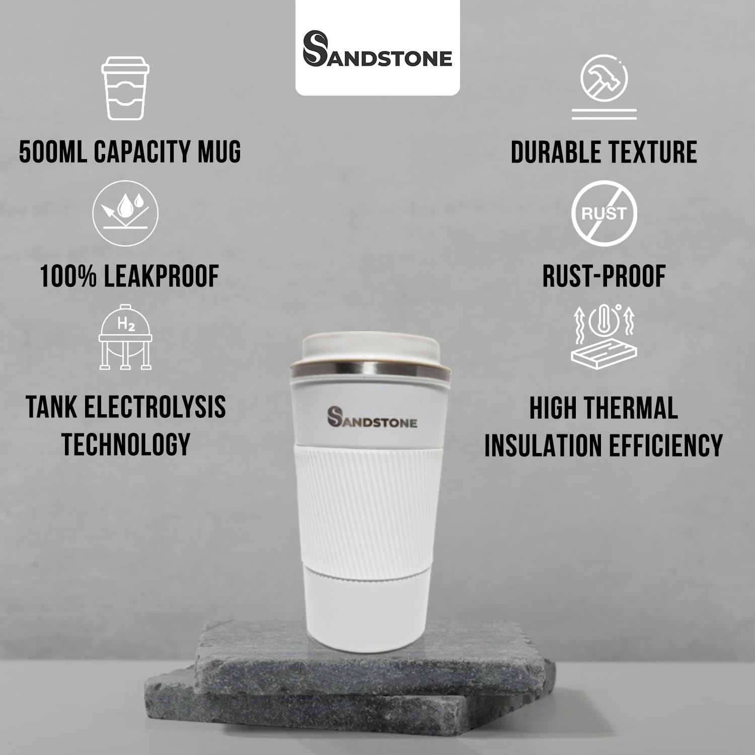 SANDSTONE Travel Vacuum Mug and Insulated Coffee Mug 500ml - Keeps Beverages Hot and Cold for 8 Hours - Stores All Kinds of Beve